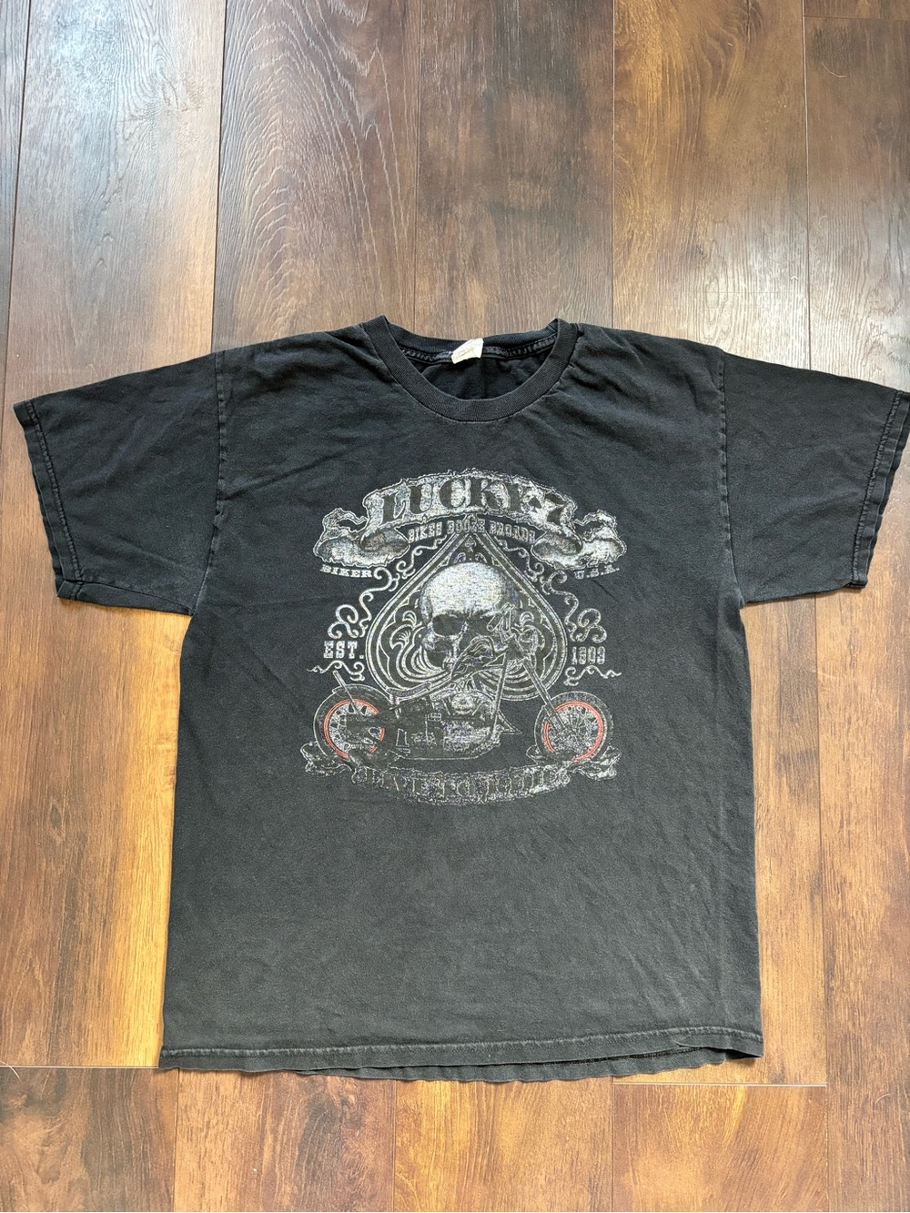 Lucky 7 Biker Brand Men’s L Skull Motorcycle Graphic Tee Y2K